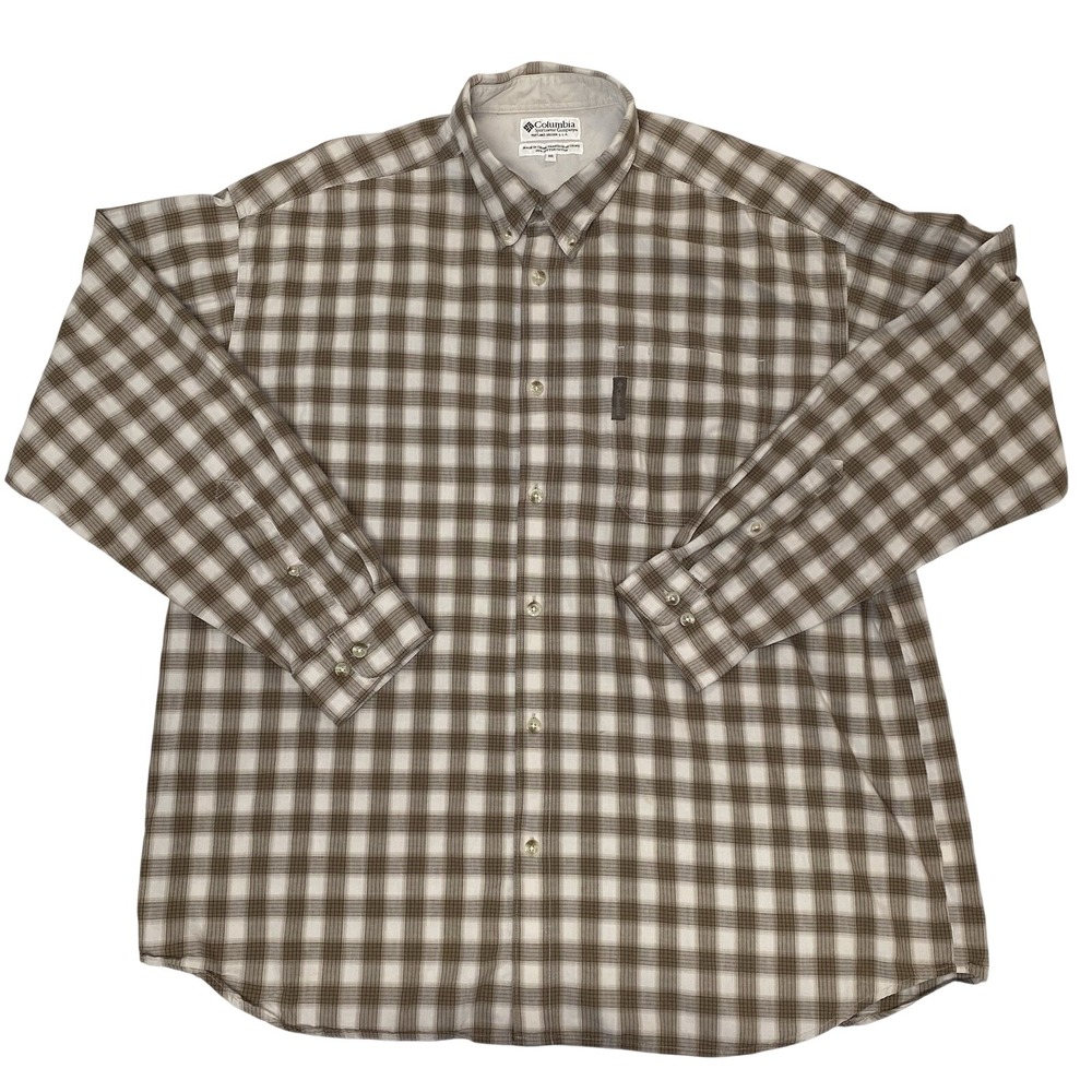 Columbia Button Down Shirt Mens XXL Brown Tan Plaid Cotton Outdoor